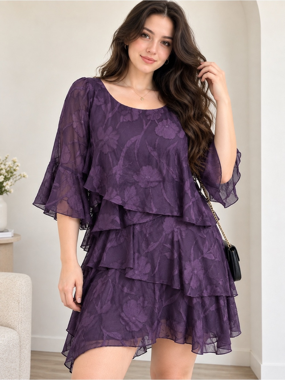 NWT MSGLAMOR Purple Floral Ruffle Two Piece Top & Skirt Set XL